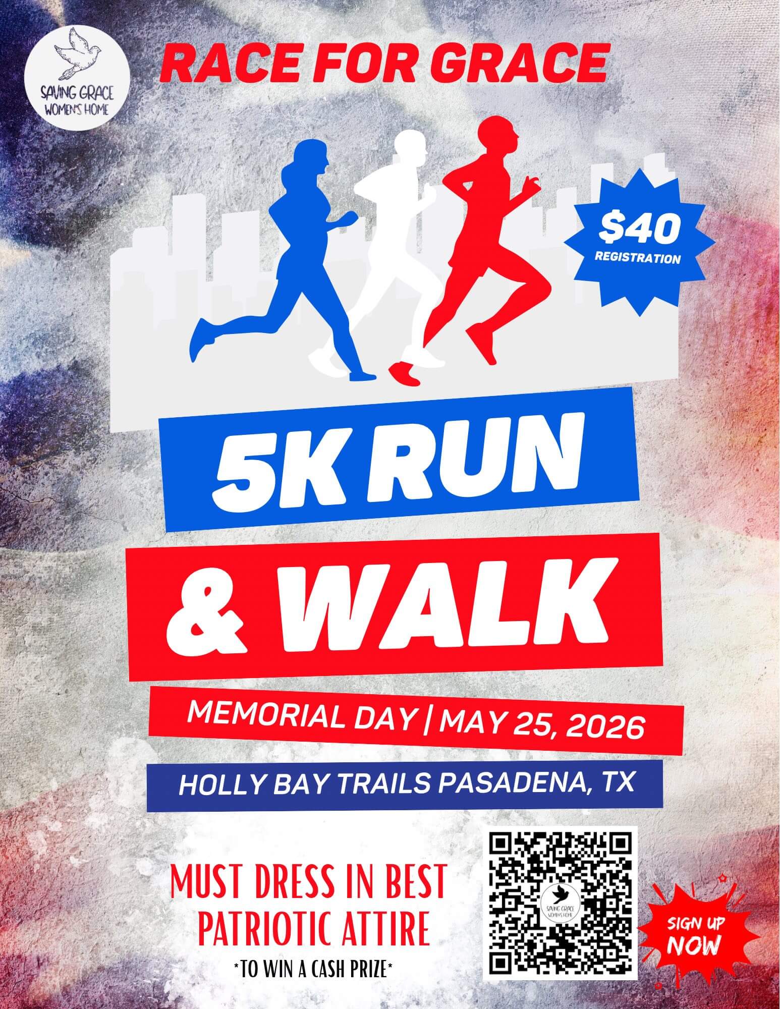 Promotional flyer for a patriotic-themed 5K run and walk fundraiser, featuring race details, registration information, and bold red, white, and blue event graphics.